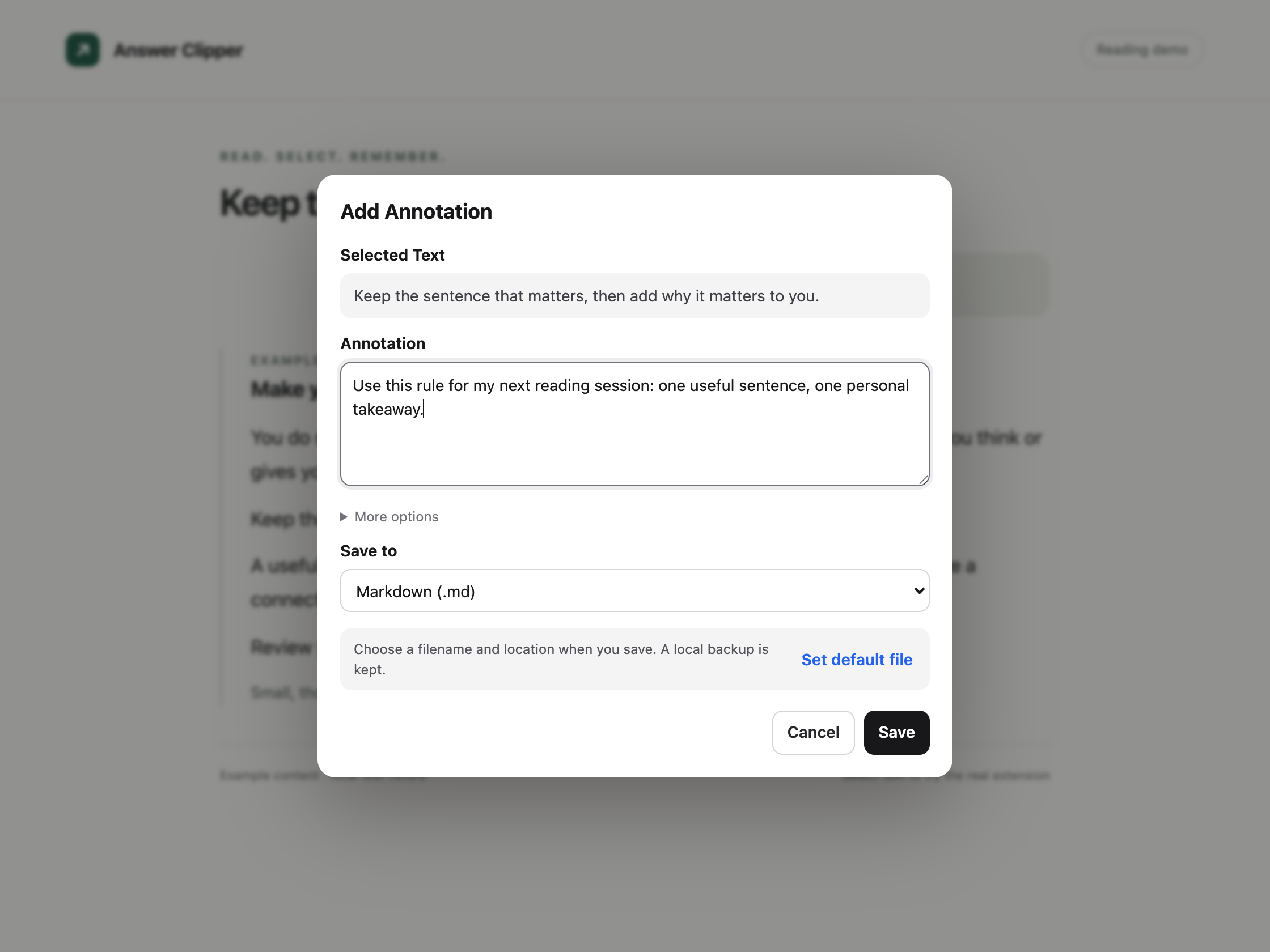 The extension under its previous Answer Clipper name, with selected text, an annotation, a Save to selector, and one Save button.