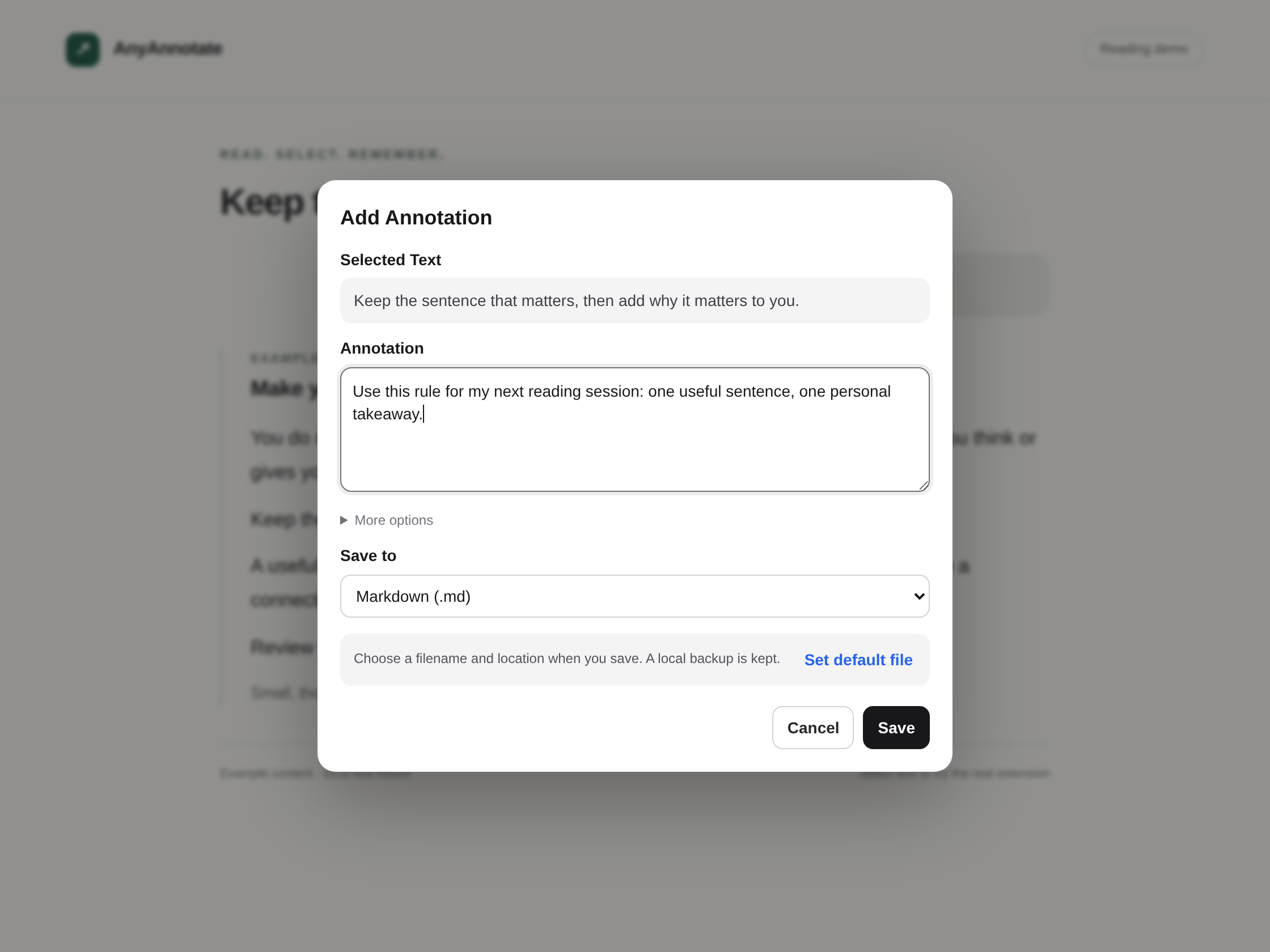 AnyAnnotate with selected text, an annotation, a Save to selector, and one Save button.